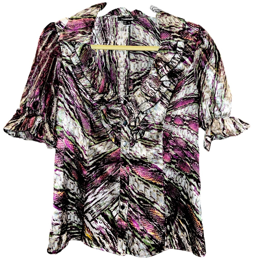 “My Michelle” animal print, metallic short sleeve ruffle button-down blouse